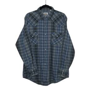 Ely Cattleman gray blue Long Sleeve Flannel Plaid Western Snap Shirt size L